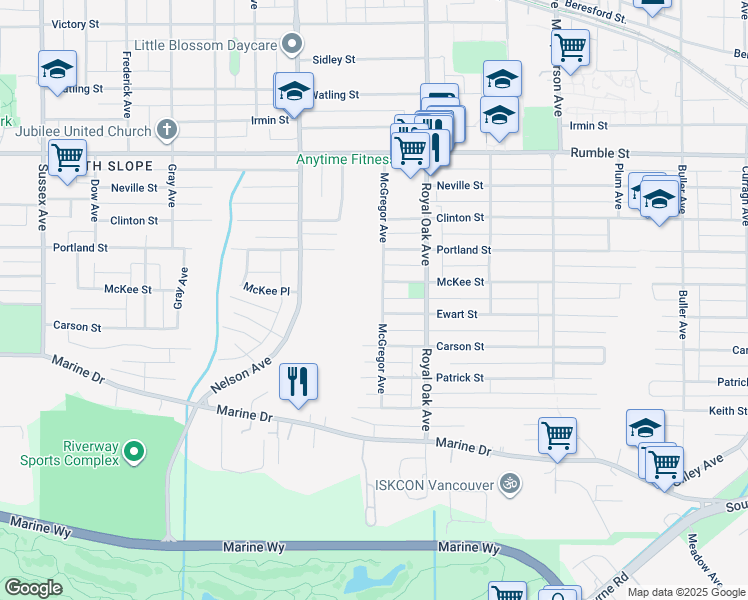map of restaurants, bars, coffee shops, grocery stores, and more near 8061 McGregor Avenue in Burnaby