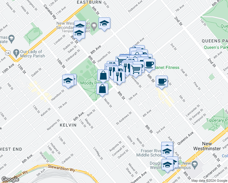 map of restaurants, bars, coffee shops, grocery stores, and more near 550 8th Street in New Westminster