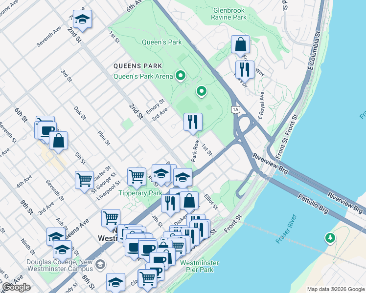 map of restaurants, bars, coffee shops, grocery stores, and more near 118 Queens Avenue in New Westminster