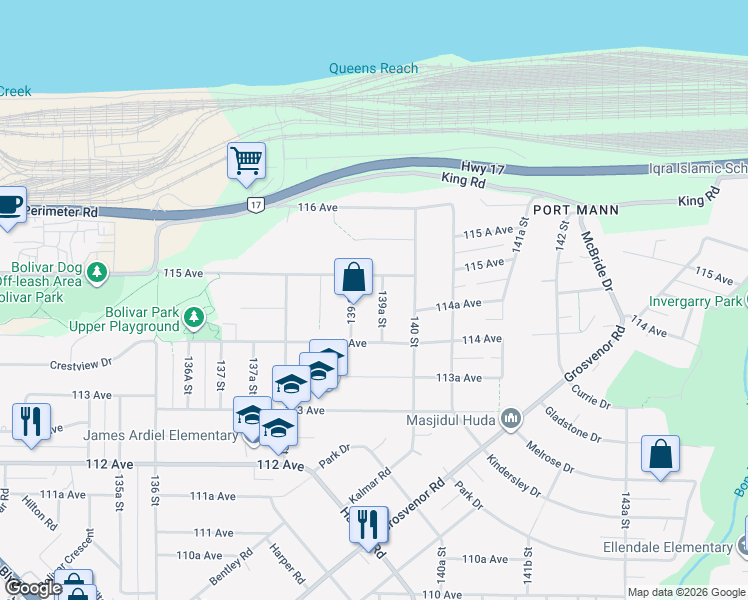 map of restaurants, bars, coffee shops, grocery stores, and more near 11465 139A Street in Surrey