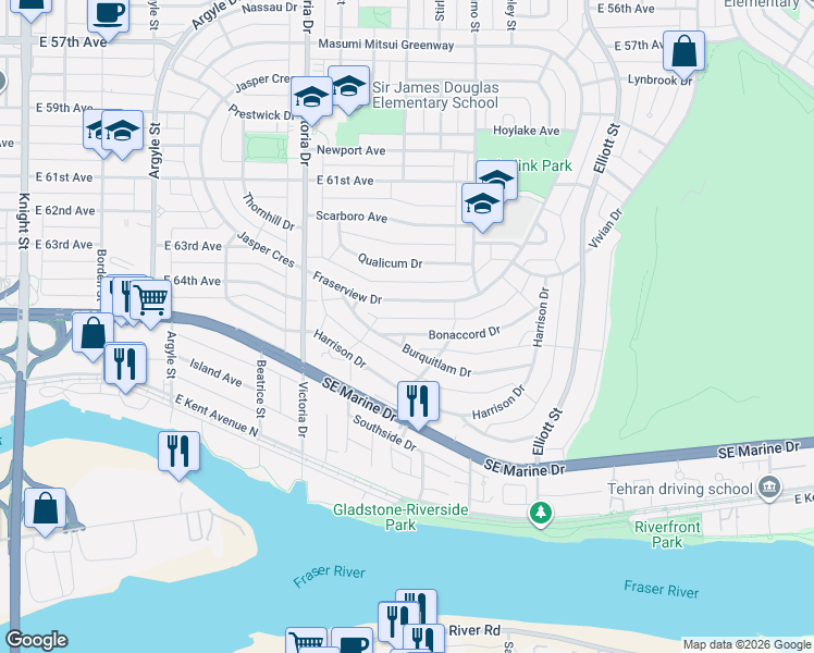 map of restaurants, bars, coffee shops, grocery stores, and more near 2193 Bonaccord Drive in Vancouver
