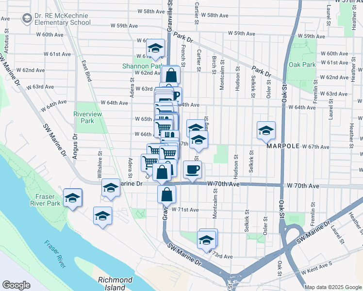 map of restaurants, bars, coffee shops, grocery stores, and more near 8305 French Street in Vancouver