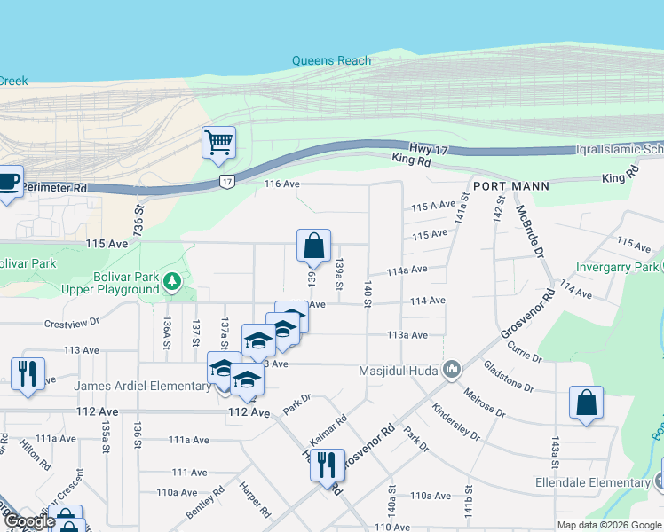 map of restaurants, bars, coffee shops, grocery stores, and more near 11465 139A Street in Surrey