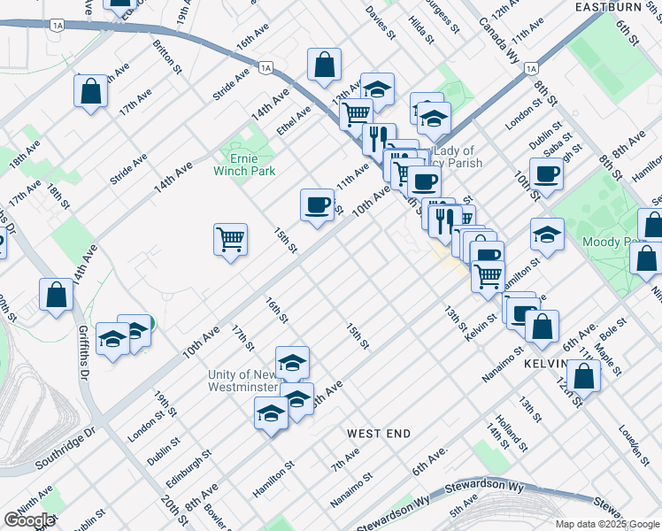 map of restaurants, bars, coffee shops, grocery stores, and more near 1415 London Street in New Westminster