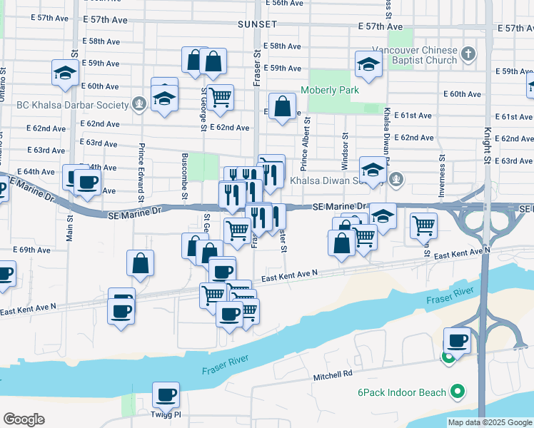 map of restaurants, bars, coffee shops, grocery stores, and more near 700 Southeast Marine Drive in Vancouver
