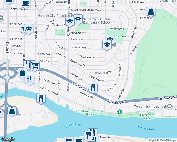 map of restaurants, bars, coffee shops, grocery stores, and more near 2177 Bonaccord Drive in Vancouver