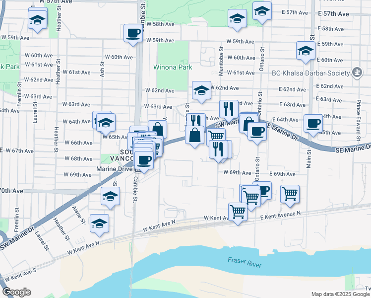 map of restaurants, bars, coffee shops, grocery stores, and more near 312 Southwest Marine Drive in Vancouver
