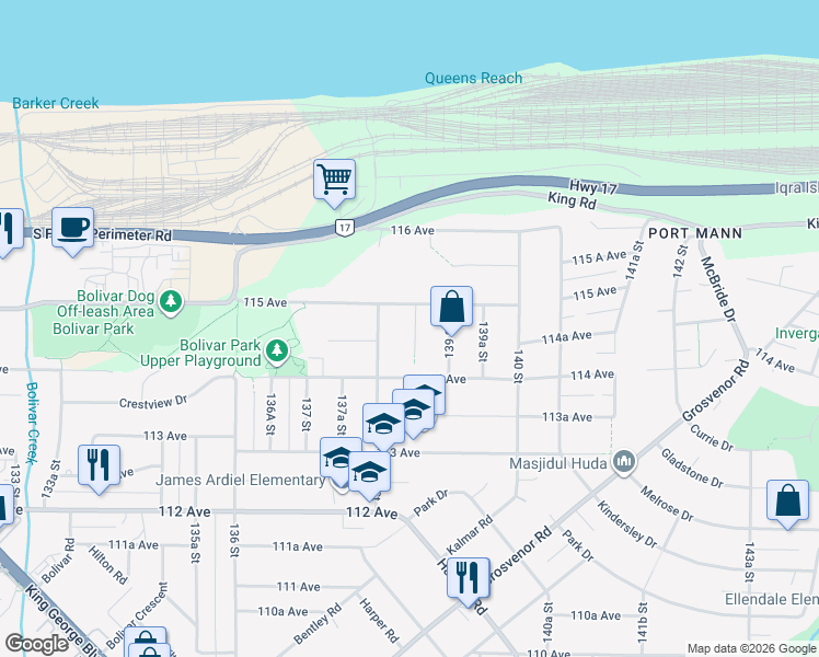 map of restaurants, bars, coffee shops, grocery stores, and more near 11472 138A Street in Surrey