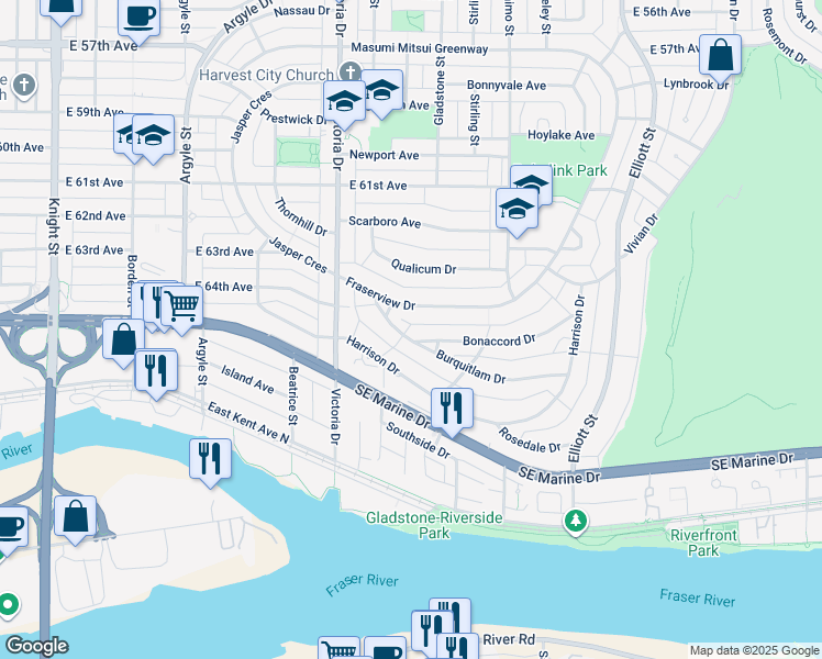 map of restaurants, bars, coffee shops, grocery stores, and more near 2155 Burquitlam Drive in Vancouver