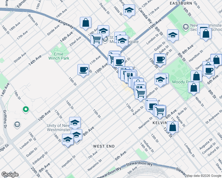 map of restaurants, bars, coffee shops, grocery stores, and more near 836 13th Street in New Westminster
