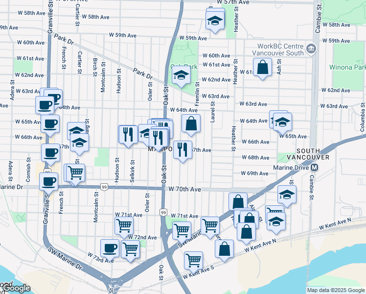 map of restaurants, bars, coffee shops, grocery stores, and more near 8288 Shaughnessy Street in Vancouver