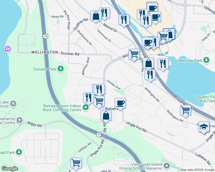 map of restaurants, bars, coffee shops, grocery stores, and more near 4951 Jordan Avenue in Nanaimo