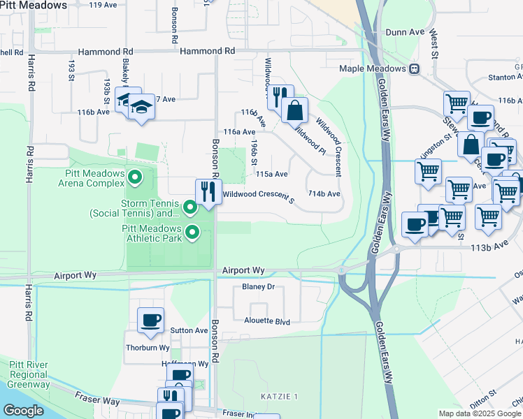 map of restaurants, bars, coffee shops, grocery stores, and more near 19709 Joyner Place in Pitt Meadows