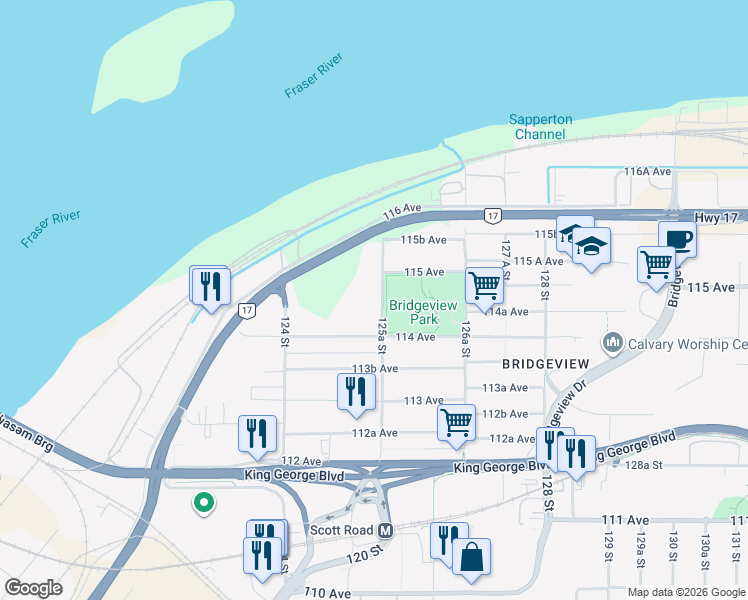 map of restaurants, bars, coffee shops, grocery stores, and more near 11457 125A Street in Surrey