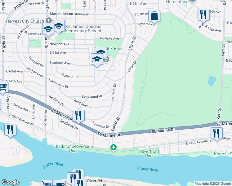map of restaurants, bars, coffee shops, grocery stores, and more near 2450 Harrison Drive in Vancouver