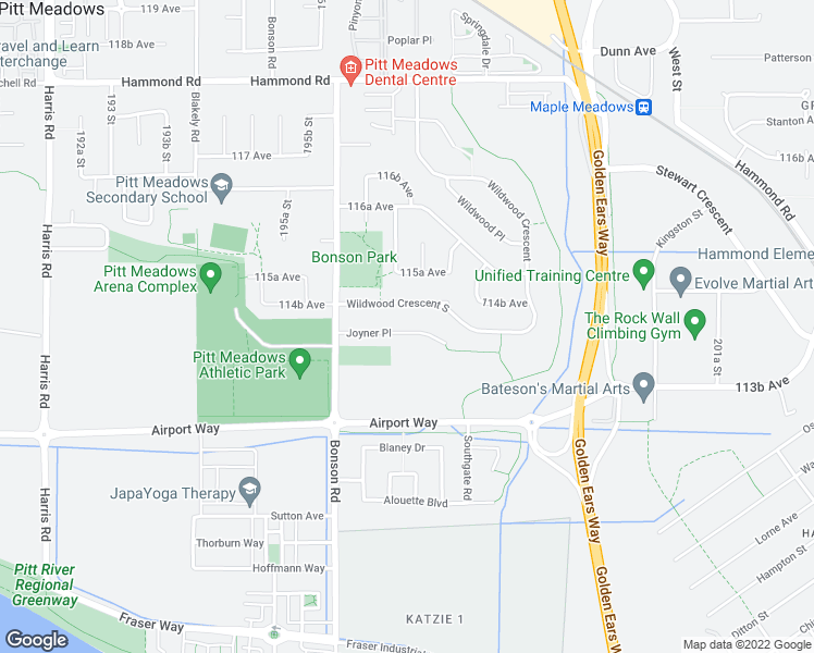 map of restaurants, bars, coffee shops, grocery stores, and more near 19709 Joyner Place in Pitt Meadows