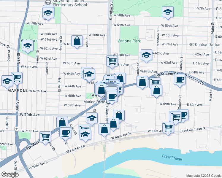 map of restaurants, bars, coffee shops, grocery stores, and more near 497 Southwest Marine Drive in Vancouver