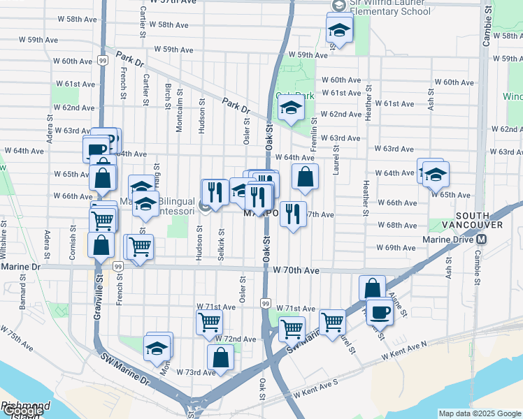 map of restaurants, bars, coffee shops, grocery stores, and more near 8273 Oak Street in Vancouver