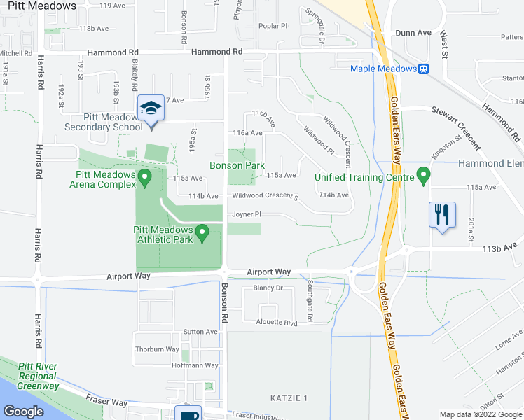 map of restaurants, bars, coffee shops, grocery stores, and more near 19683 Joyner Place in Pitt Meadows
