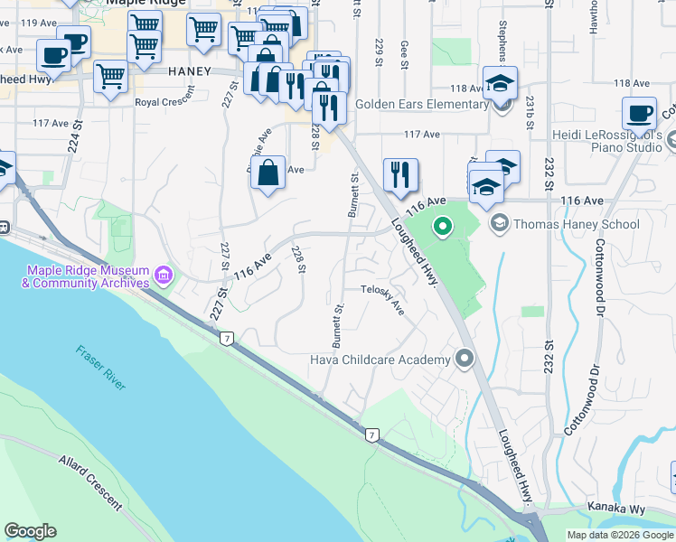 map of restaurants, bars, coffee shops, grocery stores, and more near in Maple Ridge