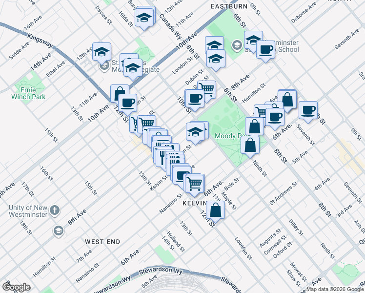 map of restaurants, bars, coffee shops, grocery stores, and more near 1029 Hamilton Street in New Westminster