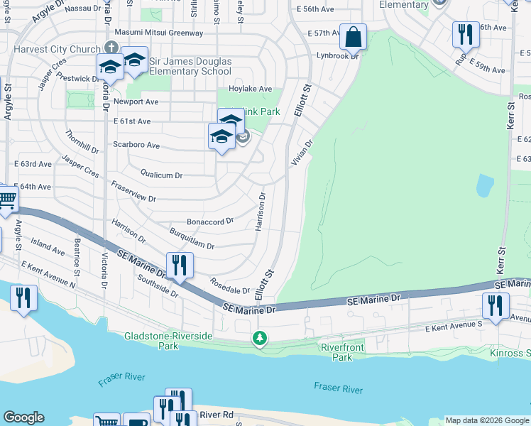 map of restaurants, bars, coffee shops, grocery stores, and more near 2452 Harrison Drive in Vancouver