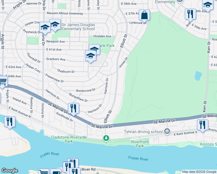 map of restaurants, bars, coffee shops, grocery stores, and more near 2441 Harrison Drive in Vancouver
