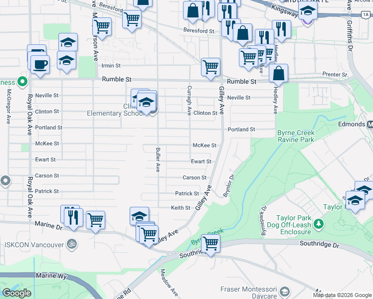 map of restaurants, bars, coffee shops, grocery stores, and more near 6080 McKee Street in Burnaby