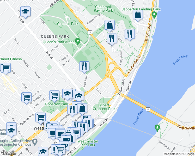 map of restaurants, bars, coffee shops, grocery stores, and more near 112 Granville Street in New Westminster