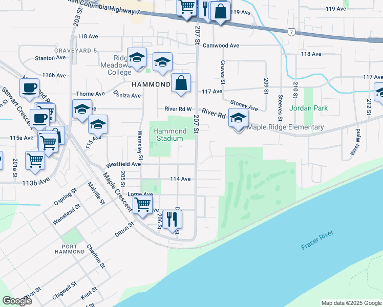 map of restaurants, bars, coffee shops, grocery stores, and more near 11469 207 Street in Maple Ridge