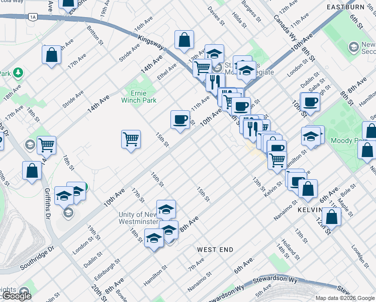 map of restaurants, bars, coffee shops, grocery stores, and more near 1312 10th Avenue in New Westminster