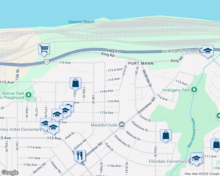 map of restaurants, bars, coffee shops, grocery stores, and more near 14085 114A Avenue in Surrey