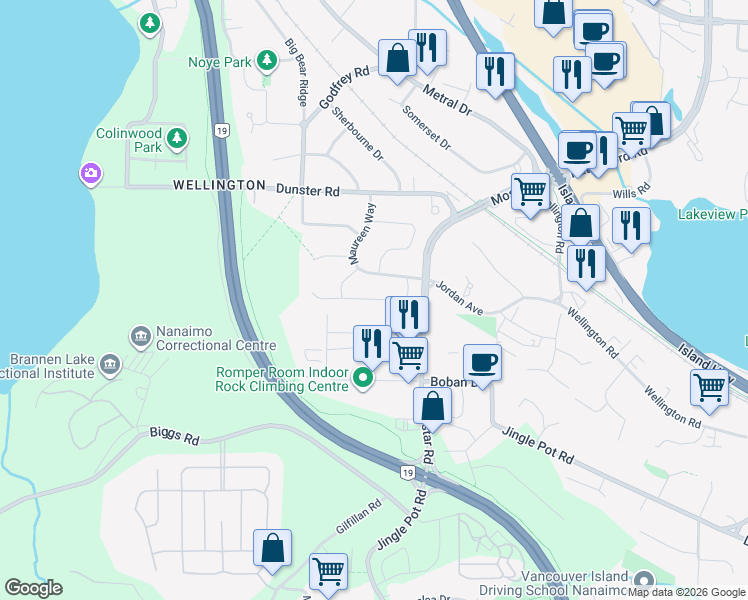map of restaurants, bars, coffee shops, grocery stores, and more near Sedona Way in Nanaimo