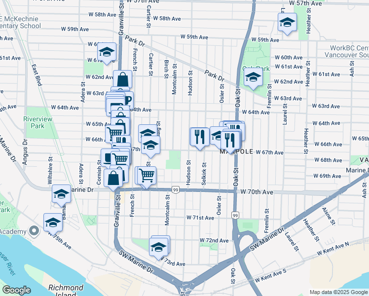 map of restaurants, bars, coffee shops, grocery stores, and more near 1303 West 67th Avenue in Vancouver