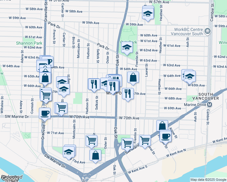 map of restaurants, bars, coffee shops, grocery stores, and more near in Vancouver