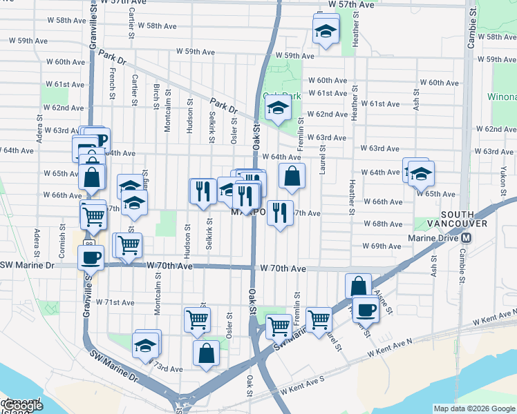 map of restaurants, bars, coffee shops, grocery stores, and more near 989 West 67th Avenue in Vancouver
