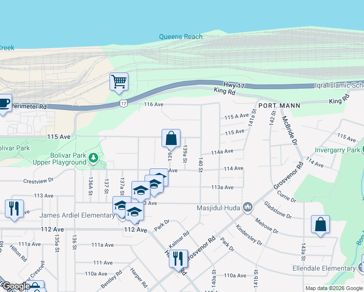 map of restaurants, bars, coffee shops, grocery stores, and more near 11475 139A Street in Surrey