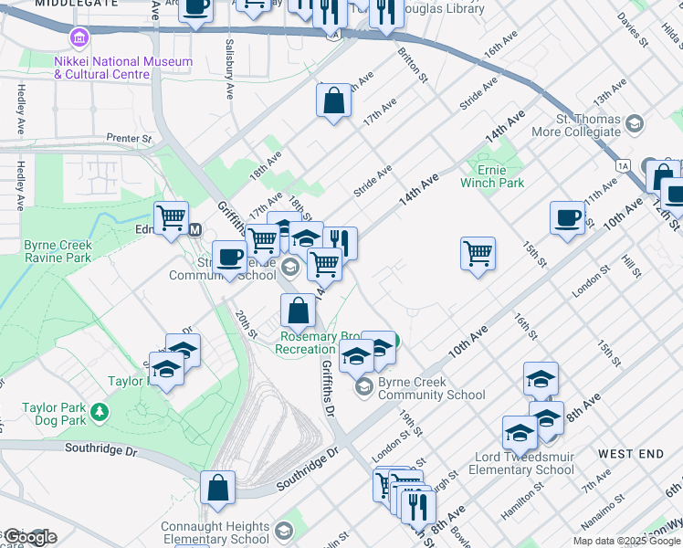 map of restaurants, bars, coffee shops, grocery stores, and more near 7070 14th Avenue in Burnaby