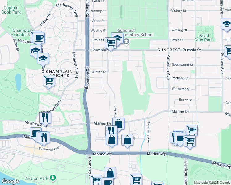 map of restaurants, bars, coffee shops, grocery stores, and more near 8062 Joffre Avenue in Burnaby