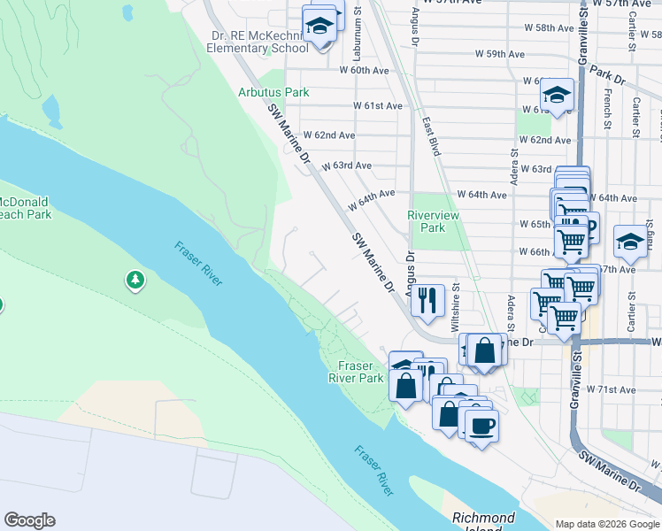 map of restaurants, bars, coffee shops, grocery stores, and more near 8248 Tugboat Place in Vancouver