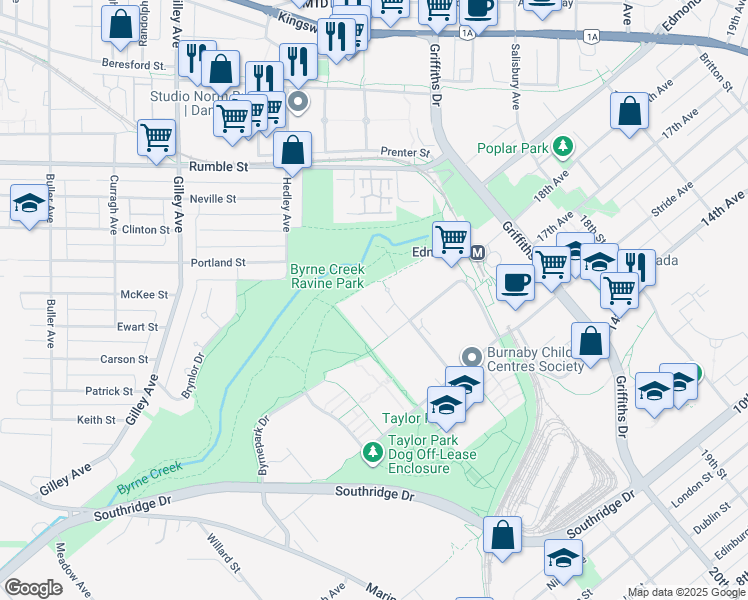 map of restaurants, bars, coffee shops, grocery stores, and more near 7345 Sandborne Avenue in Burnaby
