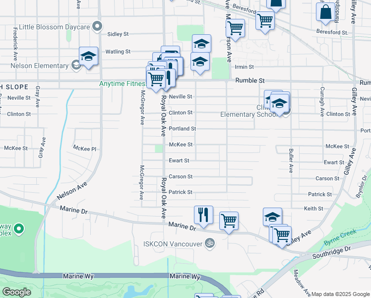 map of restaurants, bars, coffee shops, grocery stores, and more near 5330 McKee Street in Burnaby