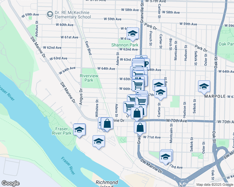 map of restaurants, bars, coffee shops, grocery stores, and more near 8226 Adera Street in Vancouver