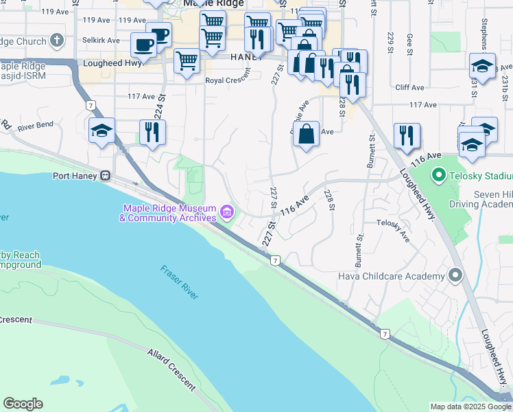 map of restaurants, bars, coffee shops, grocery stores, and more near in Maple Ridge