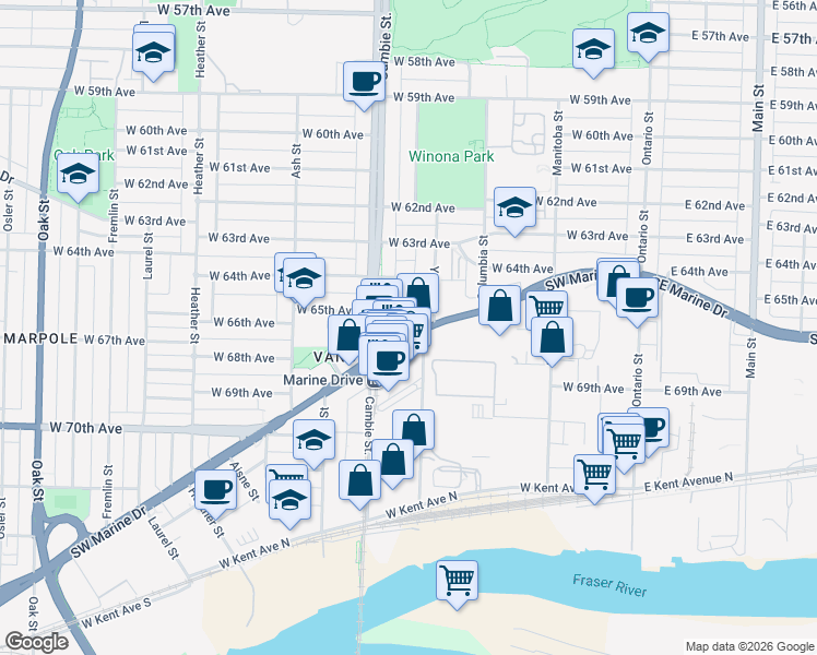 map of restaurants, bars, coffee shops, grocery stores, and more near 402 Southwest Marine Drive in Vancouver