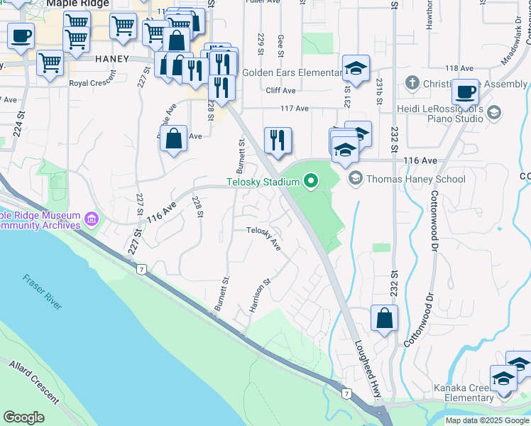 map of restaurants, bars, coffee shops, grocery stores, and more near 124-22950 116 Avenue in Maple Ridge