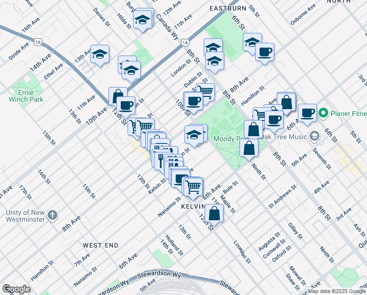 map of restaurants, bars, coffee shops, grocery stores, and more near 1025 Hamilton Street in New Westminster