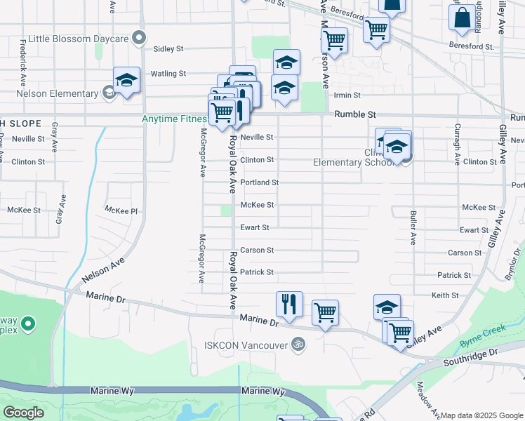 map of restaurants, bars, coffee shops, grocery stores, and more near 5330 McKee Street in Burnaby