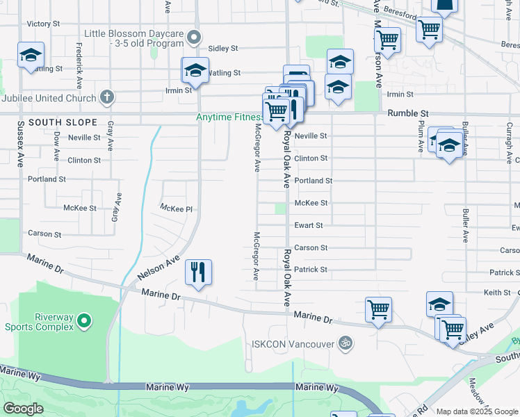 map of restaurants, bars, coffee shops, grocery stores, and more near 5104 McKee Street in Burnaby