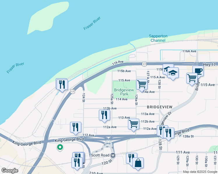 map of restaurants, bars, coffee shops, grocery stores, and more near in Surrey
